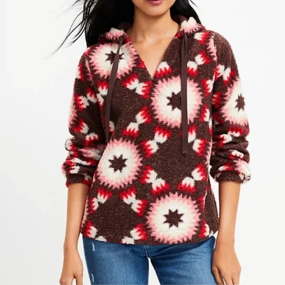 LOFT Brown Pink Red White Patterned Hooded Pullover